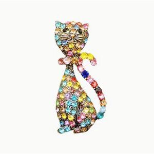 Betsey Johnson Multicolor Rhinestone Cat Brooch Pin